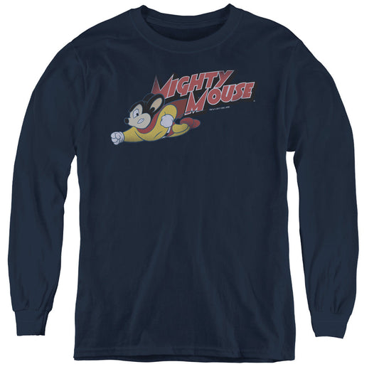 Mighty Mouse Mighty Retro Long Sleeve Kids Youth T Shirt Navy Officially Licensed