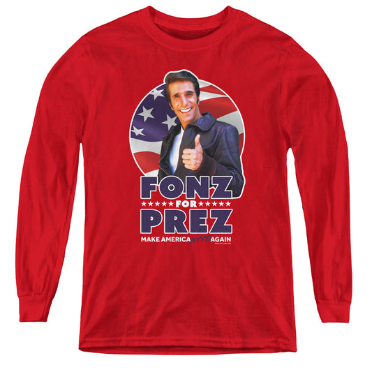 Happy Days Fonz for Prez Long Sleeve Kids Youth T Shirt Red Officially Licensed