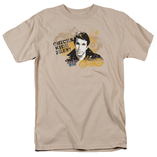 Happy Days Chicks Ride Free Mens T Shirt Sand Officially Licensed