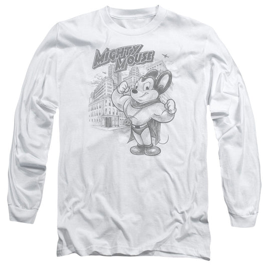Mighty Mouse Protect And Serve Mens Long Sleeve Shirt White Officially Licensed