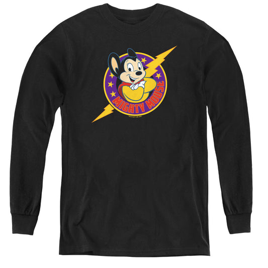 Mighty Mouse Mighty Hero Long Sleeve Kids Youth T Shirt Black Officially Licensed