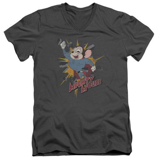 Mighty Mouse Break Through Mens Slim Fit V-Neck T Shirt Charcoal Officially Licensed