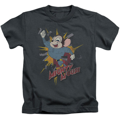 Mighty Mouse Break Through Juvenile Kids Youth T Shirt Charcoal Officially Licensed