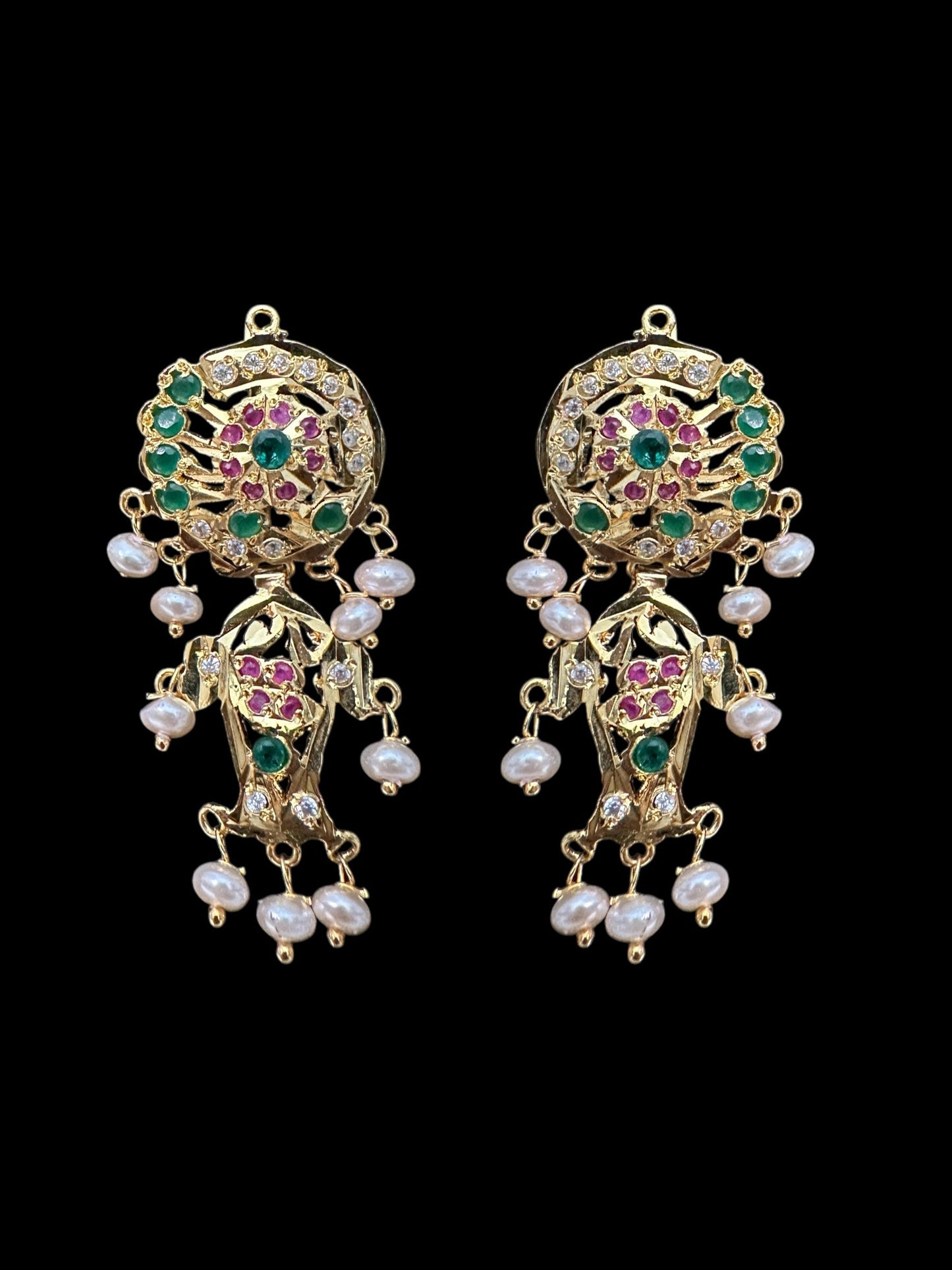 DER629 jadau earrings in fresh water pearls - ruby emerald ( SHIPS INN2 WEEKS )