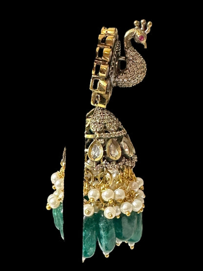 DER796 Mor polki jhumka - GREEN ( READY TO SHIP )