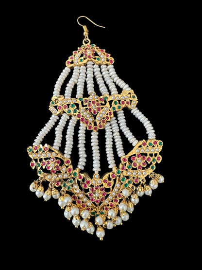 DJHR150 ASMITA jadau jhoomar in ruby emerald with fresh water pearls ( SHIPS IN 3 WEEKS  )