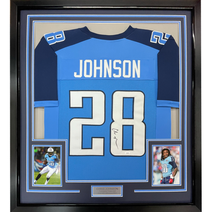 Framed Autographed/Signed Chris Johnson 35x39 Tennessee Powder Blue Football Jersey JSA COA