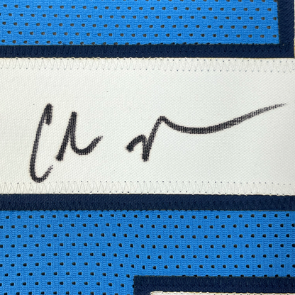 Framed Autographed/Signed Chris Johnson 35x39 Tennessee Powder Blue Football Jersey JSA COA