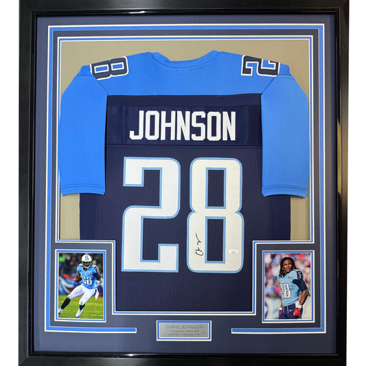 Framed Autographed/Signed Chris Johnson 35x39 Tennessee Dark Blue Football Jersey JSA COA