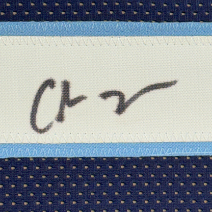 Framed Autographed/Signed Chris Johnson 35x39 Tennessee Dark Blue Football Jersey JSA COA