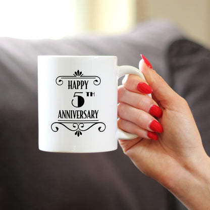 Happy 5th Anniversary Coffee Mug Gifts 5 Year Anniversary Art Deco Party Decor White Ceramic Coffee Cup