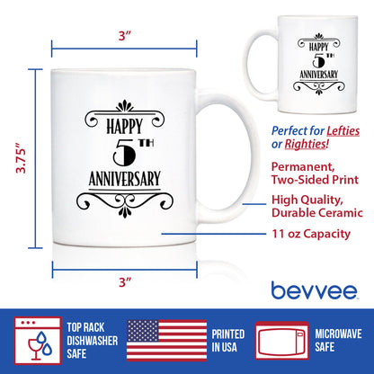Happy 5th Anniversary Coffee Mug Gifts 5 Year Anniversary Art Deco Party Decor White Ceramic Coffee Cup