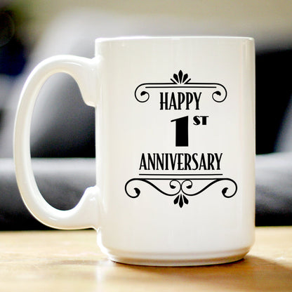 Happy 1st Anniversary Coffee Mug Gifts 1 Year Anniversary Art Deco Party Decor White Ceramic Coffee Cup