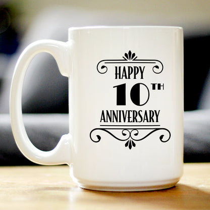 Happy 10th Anniversary Coffee Mug Gifts 10 Year Anniversary Art Deco Party Decor White Ceramic Coffee Cup
