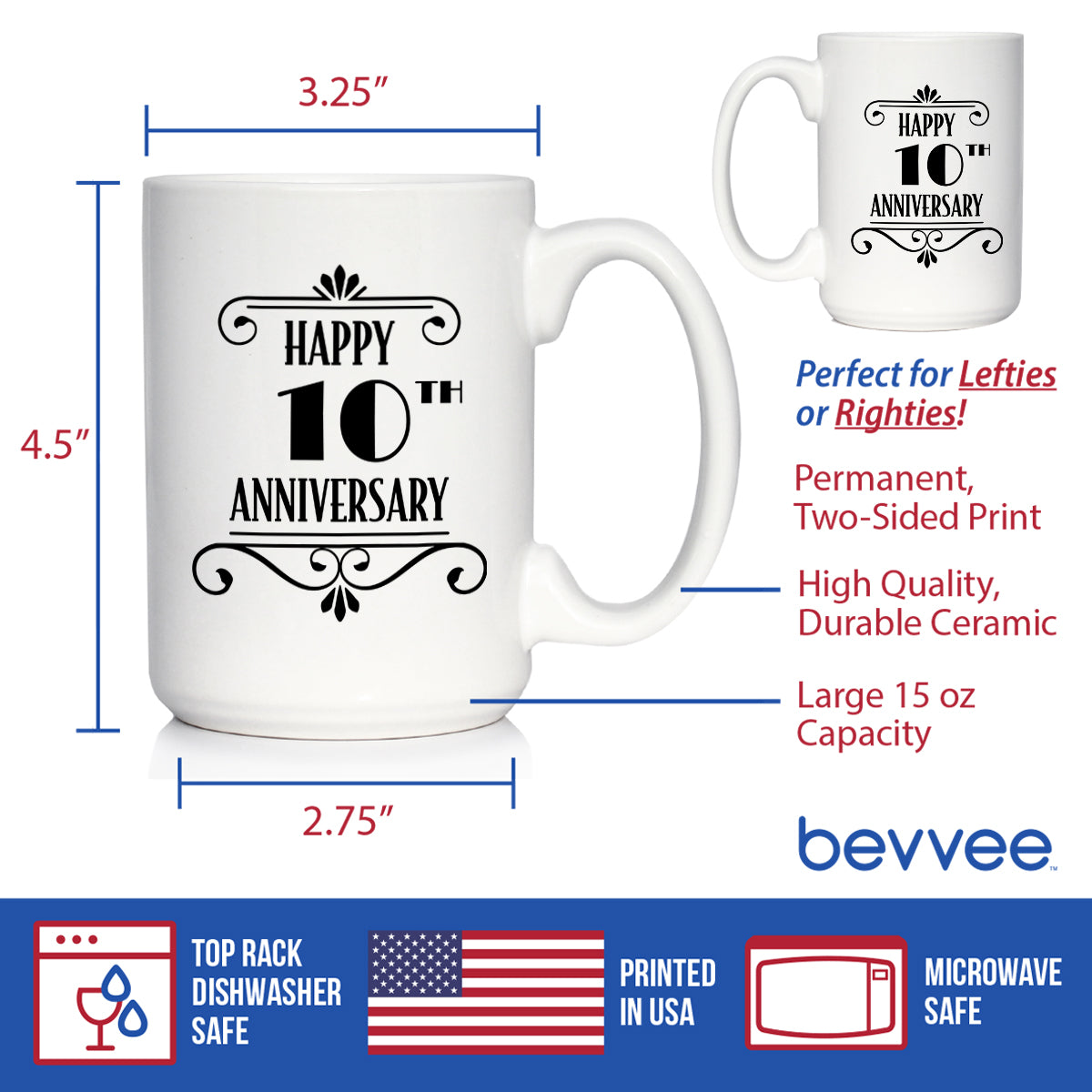 Happy 10th Anniversary Coffee Mug Gifts 10 Year Anniversary Art Deco Party Decor White Ceramic Coffee Cup