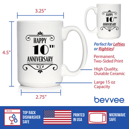 Happy 10th Anniversary Coffee Mug Gifts 10 Year Anniversary Art Deco Party Decor White Ceramic Coffee Cup