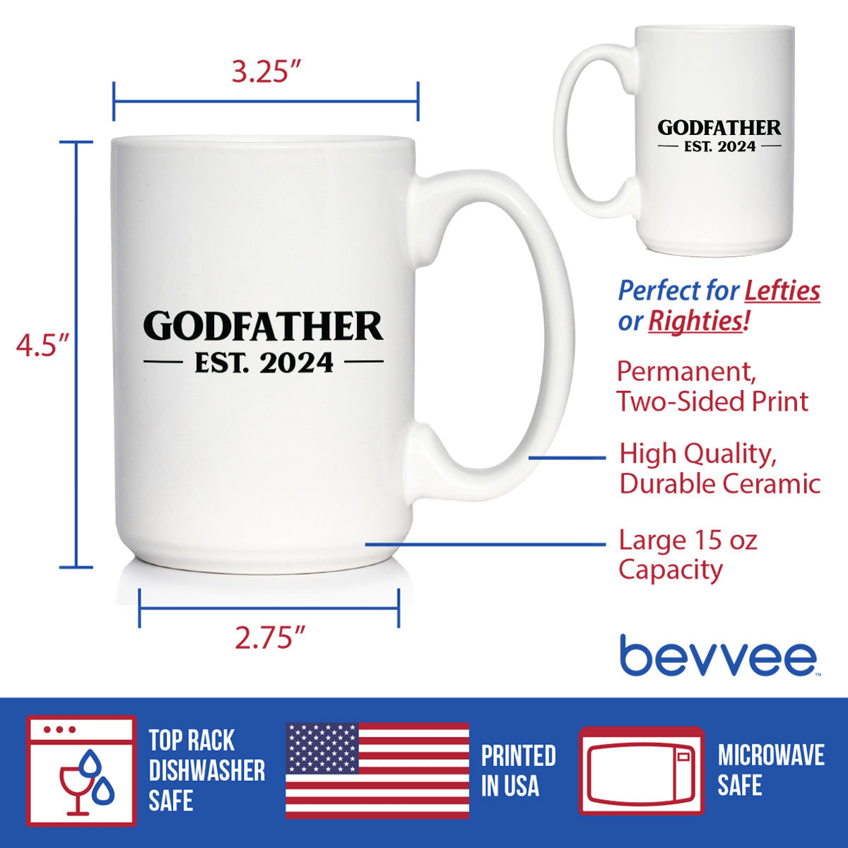 Godfather Est 2024 - New Godfather Coffee Mug Proposal Gift for First Time Godparents - Bold