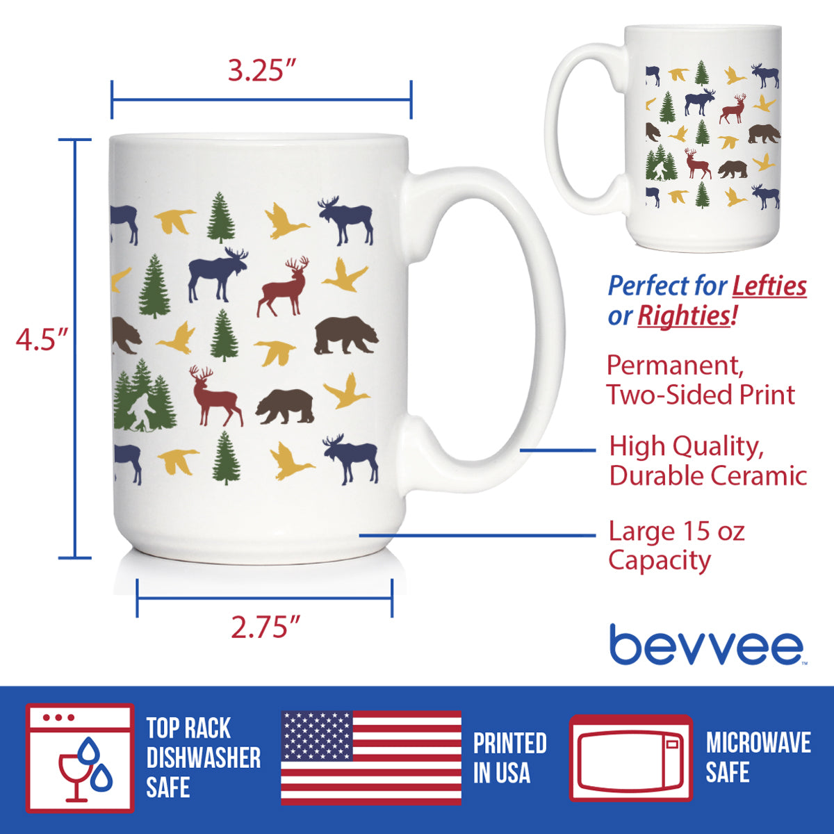 Rustic Outdoor Animals Coffee Mug - Nature Lovers Gifts for Women & Men - Large 15oz & 11oz White Ceramic Mugs