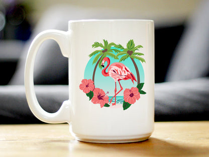 Tropical Flamingo Coffee Mug - Flamingo Gifts & Decor - Large 15oz & 11oz White Ceramic Mugs