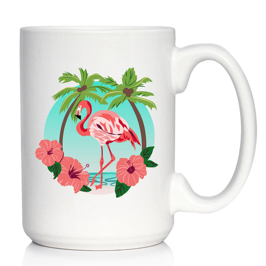 Tropical Flamingo Coffee Mug - Flamingo Gifts & Decor - Large 15oz & 11oz White Ceramic Mugs