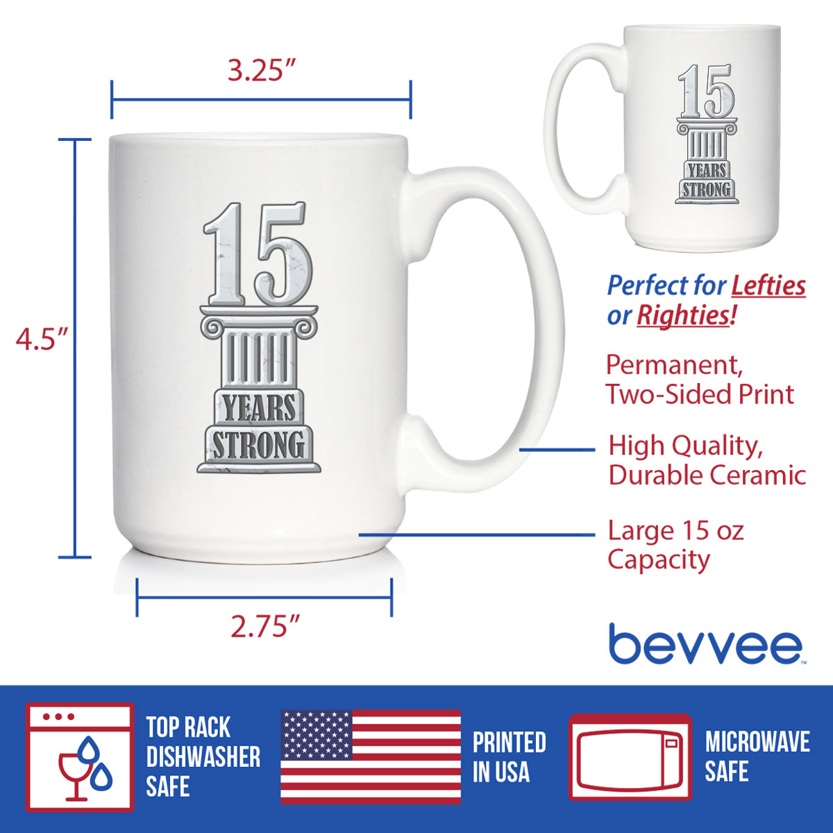 15 Years Strong Coffee Mug Gifts 15th Anniversary Party Decor White Ceramic Coffee Cup