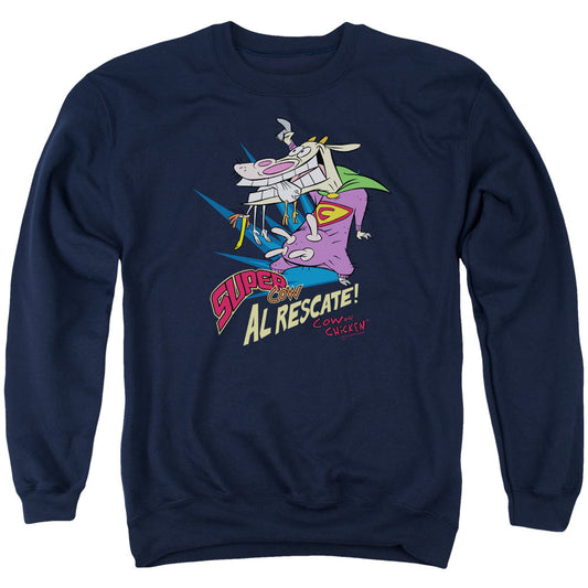 Cow &amp; Chicken Super Cow Mens Crewneck Sweatshirt Navy Blue Officially Licensed
