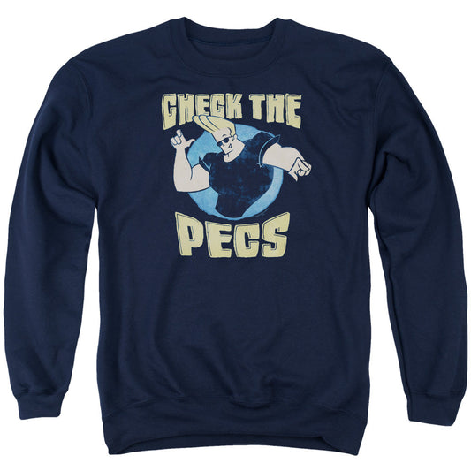 Johnny Bravo Check the Pects Mens Crewneck Sweatshirt Navy Blue Officially Licensed