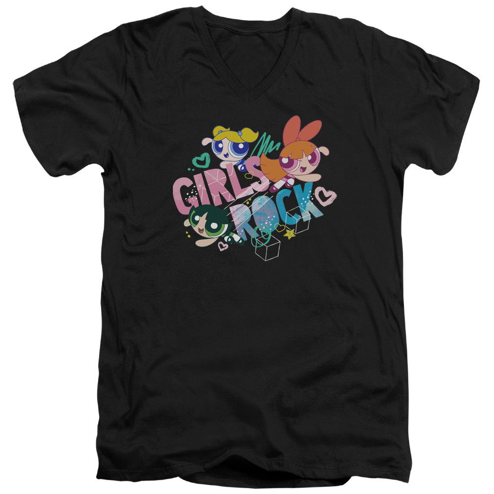 Powerpuff Girls Girls Rock Mens Slim Fit V Neck T Shirt Black Officially Licensed