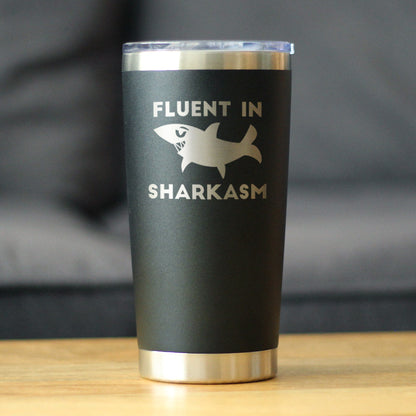Fluent in Sharkasm - Shark Insulated Coffee Tumbler Cup with Sliding Lid - Stainless Steel Insulated Mug - Funny Cute Shark Decor Gifts