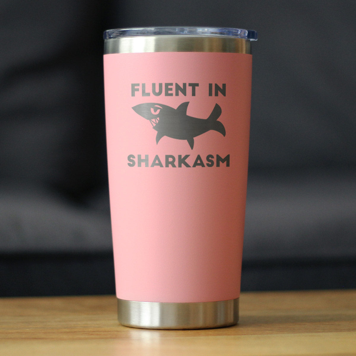 Fluent in Sharkasm - Shark Insulated Coffee Tumbler Cup with Sliding Lid - Stainless Steel Insulated Mug - Funny Cute Shark Decor Gifts