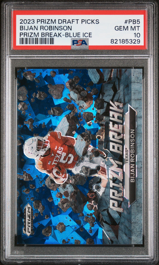 Graded 2023 Panini Prizm Draft Picks Bijan Robinson #PB5 Prizm Break Blue Ice #/99 Rookie RC Football Card PSA 10 Gem Mint