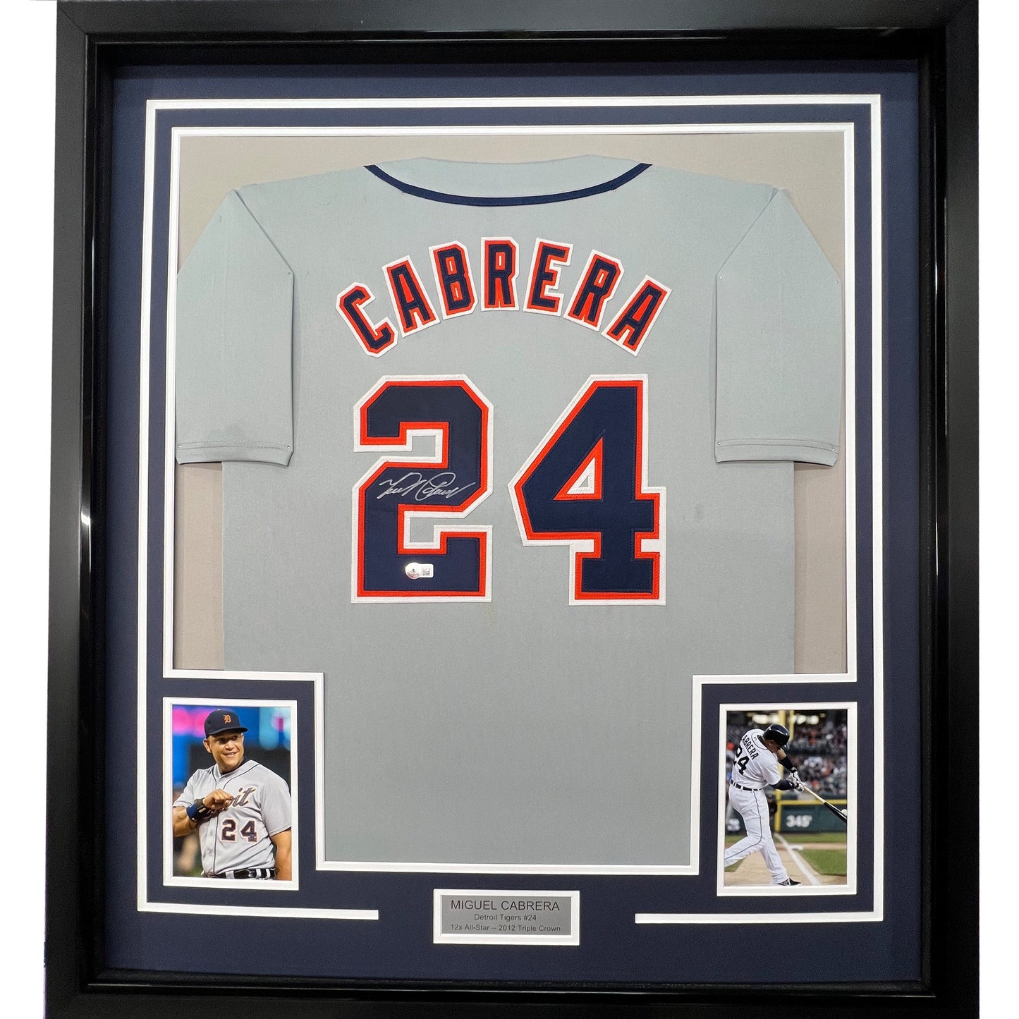 Framed Autographed/Signed Miguel Cabrera 35x39 Detroit Grey Baseball Jersey JSA COA