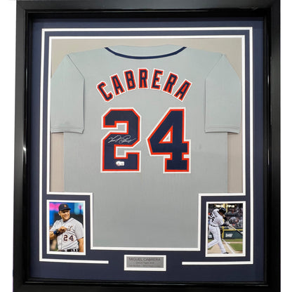Framed Autographed/Signed Miguel Cabrera 35x39 Detroit Grey Baseball Jersey JSA COA