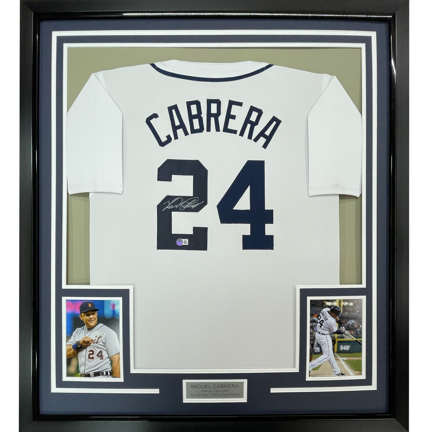 Framed Autographed/Signed Miguel Cabrera 35x39 Detroit White Baseball Jersey JSA COA