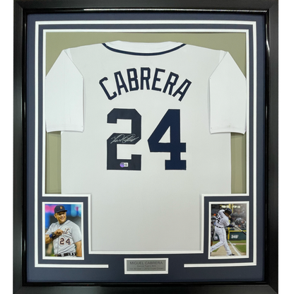 Framed Autographed/Signed Miguel Cabrera 35x39 Detroit White Baseball Jersey JSA COA