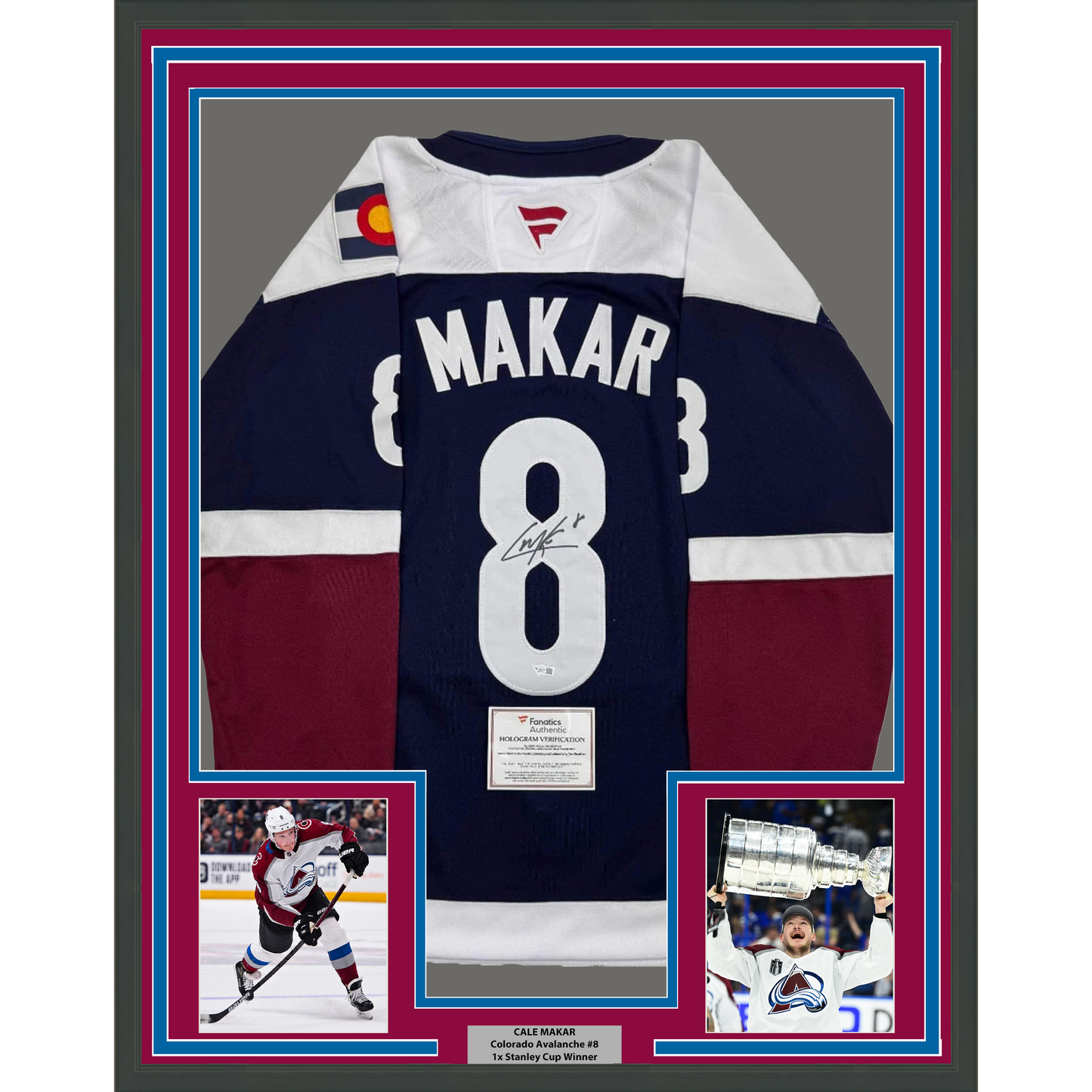 Framed Autographed/Signed Cale Makar 35x39 Colorado Avs Avalanche Blue Authentic Hockey Jersey Fanatics COA