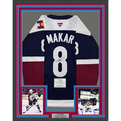 Framed Autographed/Signed Cale Makar 35x39 Colorado Avs Avalanche Blue Authentic Hockey Jersey Fanatics COA