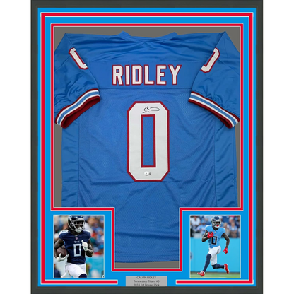 Framed Autographed/Signed Calvin Ridley 35x39 Tennessee Retro Blue Football Jersey Beckett BAS COA