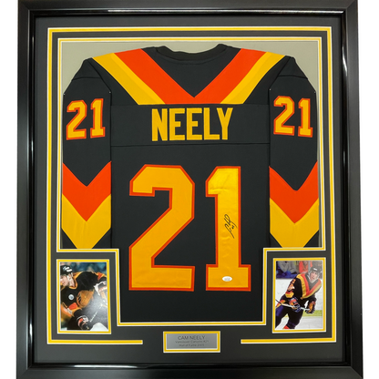 Framed Autographed/Signed Cam Neely 35x39 Vancouver Black Hockey Jersey JSA COA
