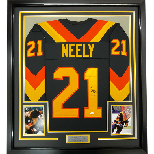 Framed Autographed/Signed Cam Neely 35x39 Vancouver Black Hockey Jersey JSA COA