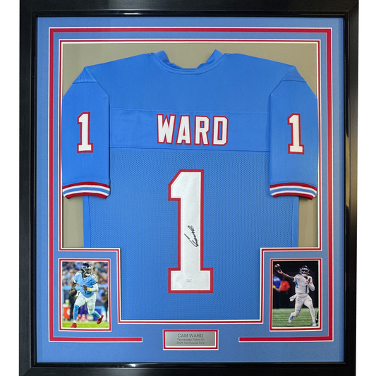 Framed Autographed/Signed Cameron Cam Ward 35x39 Tennessee Retro Light Blue Football Jersey JSA COA