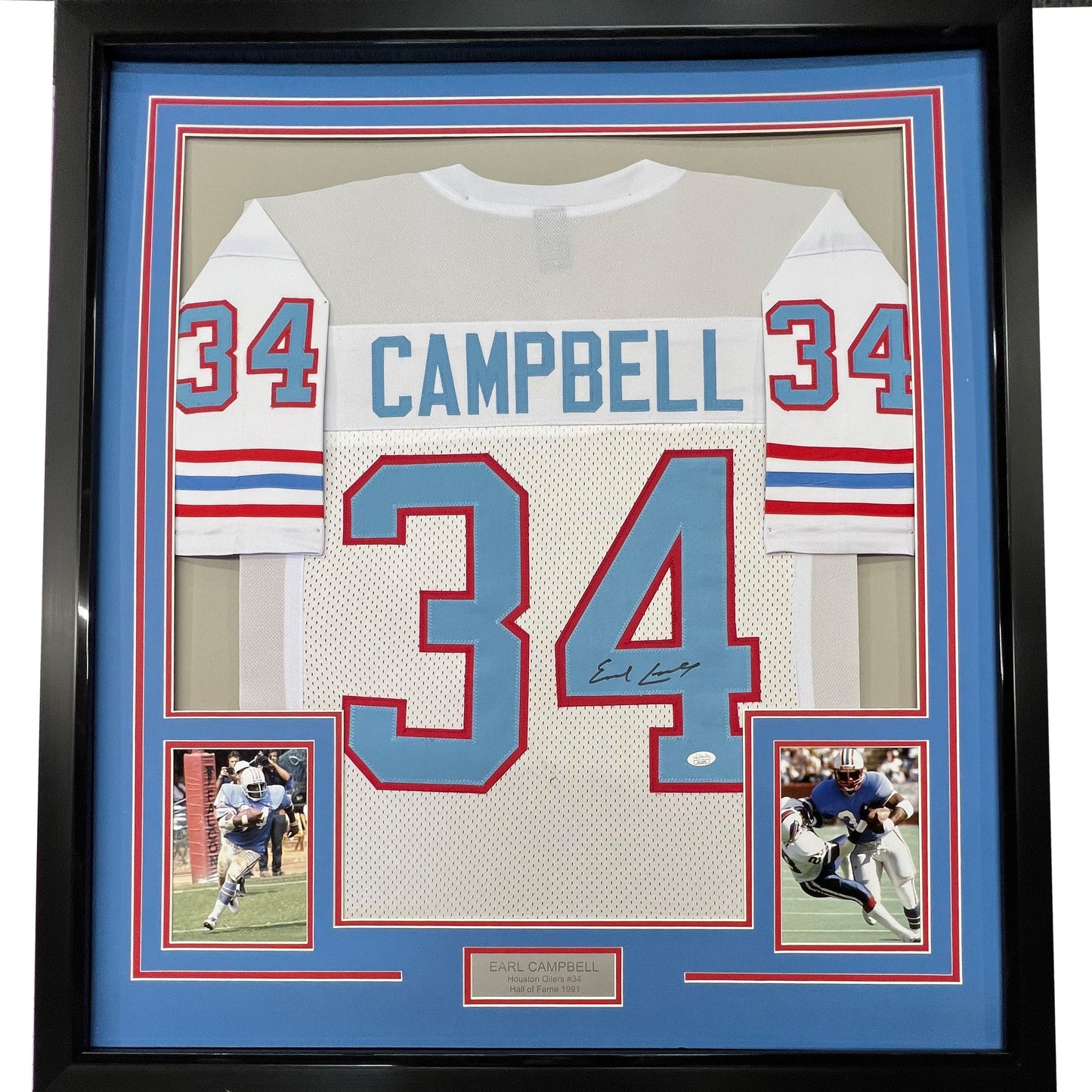 Framed Autographed/Signed Earl Campbell 35x39 Houston White Football Jersey Beckett BAS COA