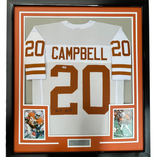 Framed Autographed/Signed Earl Campbell 35x39 Texas White College Football Jersey JSA COA