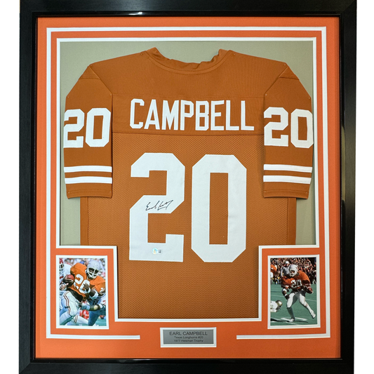 Framed Autographed/Signed Earl Campbell 35x39 Texas Orange Football Jersey Beckett BAS COA