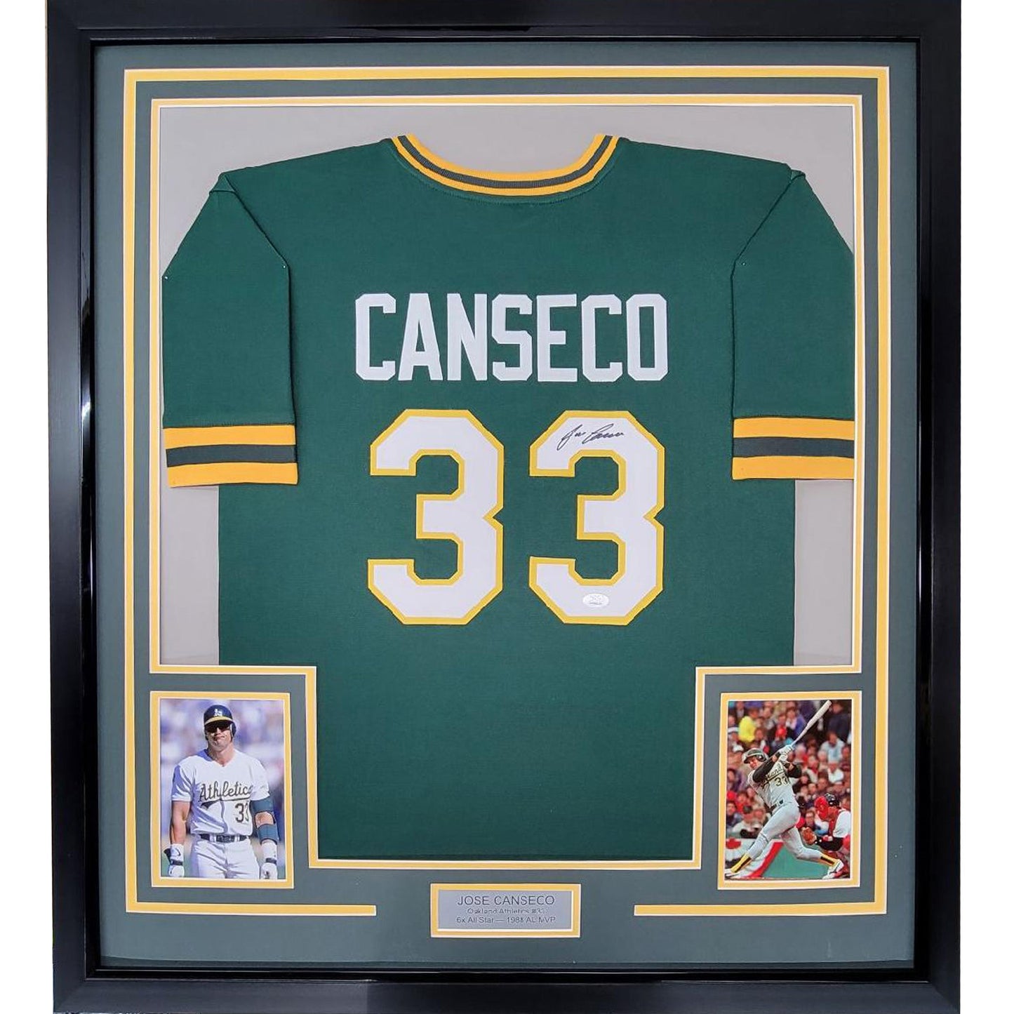 Framed Autographed/Signed Jose Canseco 35x39 Oakland Green Baseball Jersey JSA COA