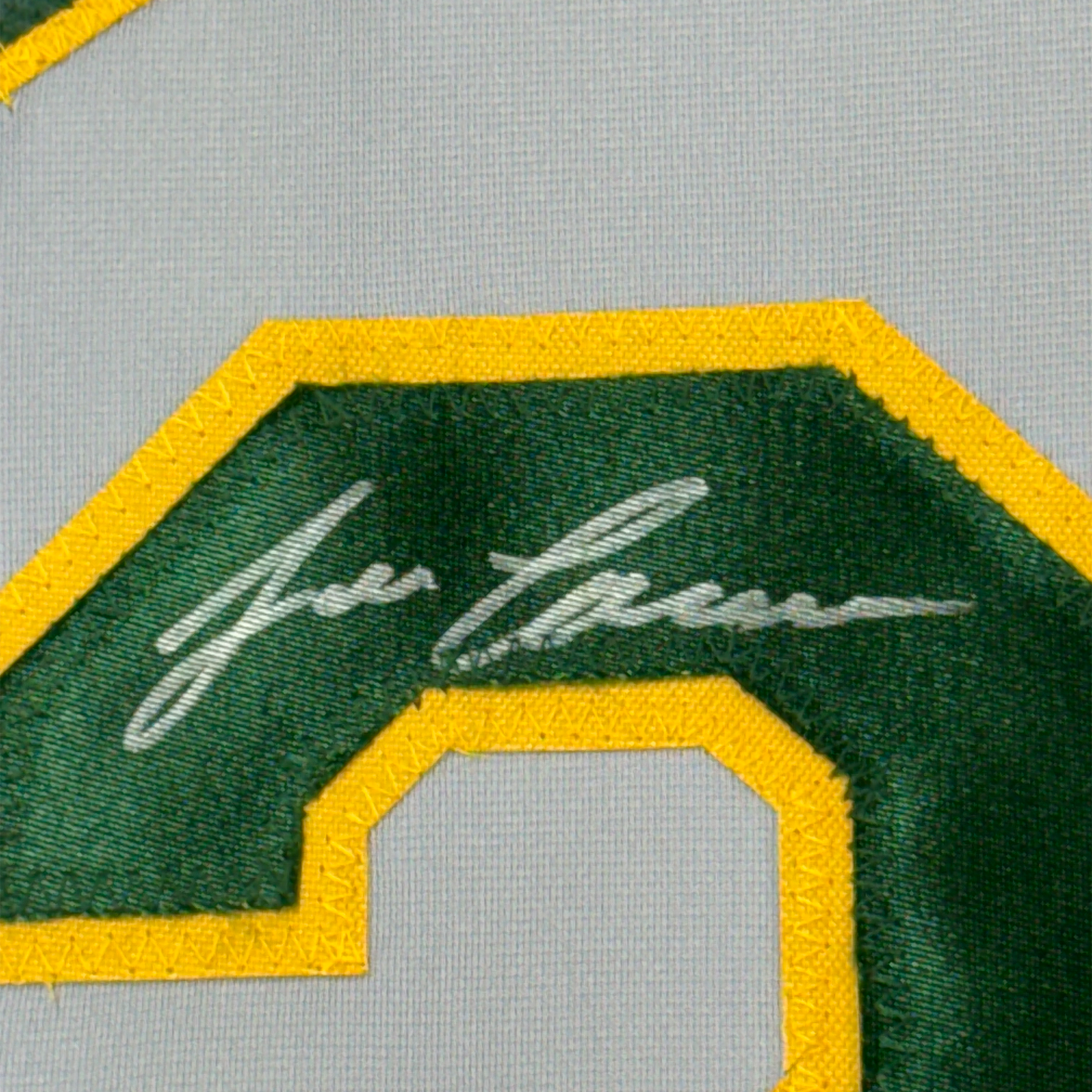 Framed Autographed/Signed Jose Canseco 35x39 Oakland Grey Baseball Jersey JSA COA