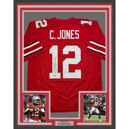 Framed Autographed/Signed Cardale Jones 35x39 Ohio State Red College Football Jersey Tristar COA