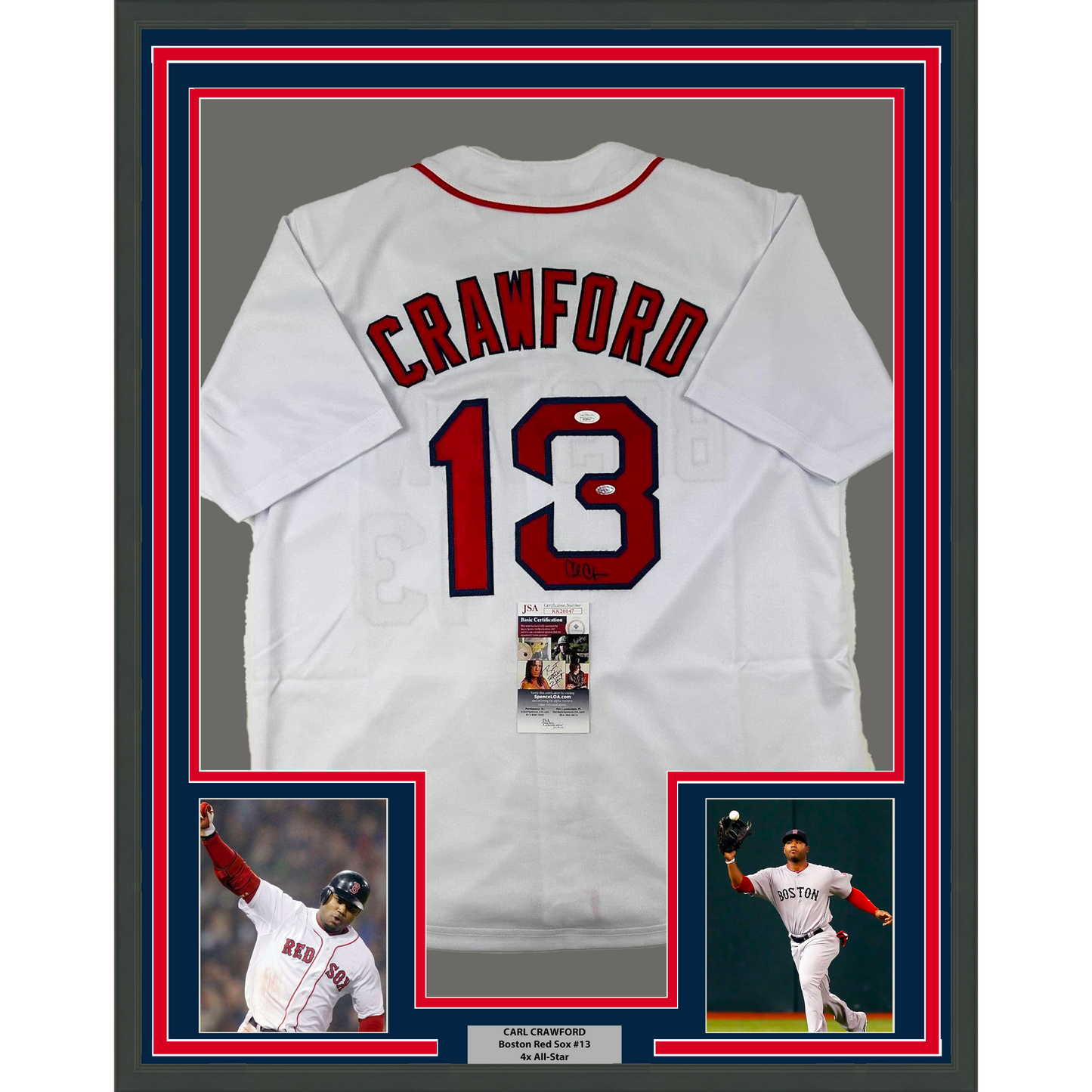 Framed Autographed/Signed Carl Crawford 35x39 Boston White Baseball Jersey JSA COA