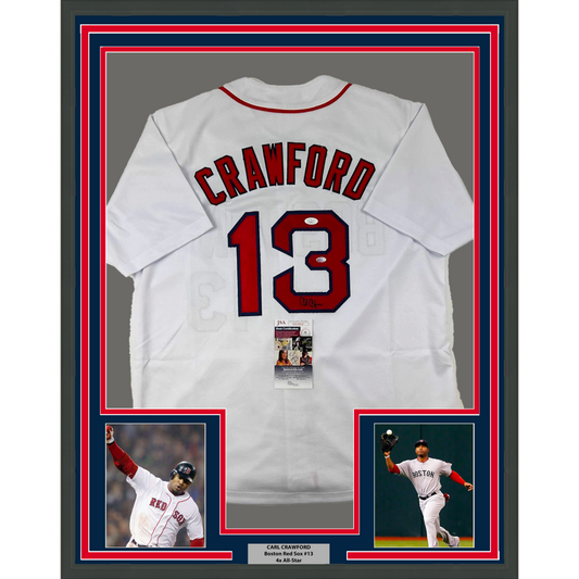 Framed Autographed/Signed Carl Crawford 35x39 Boston White Baseball Jersey JSA COA