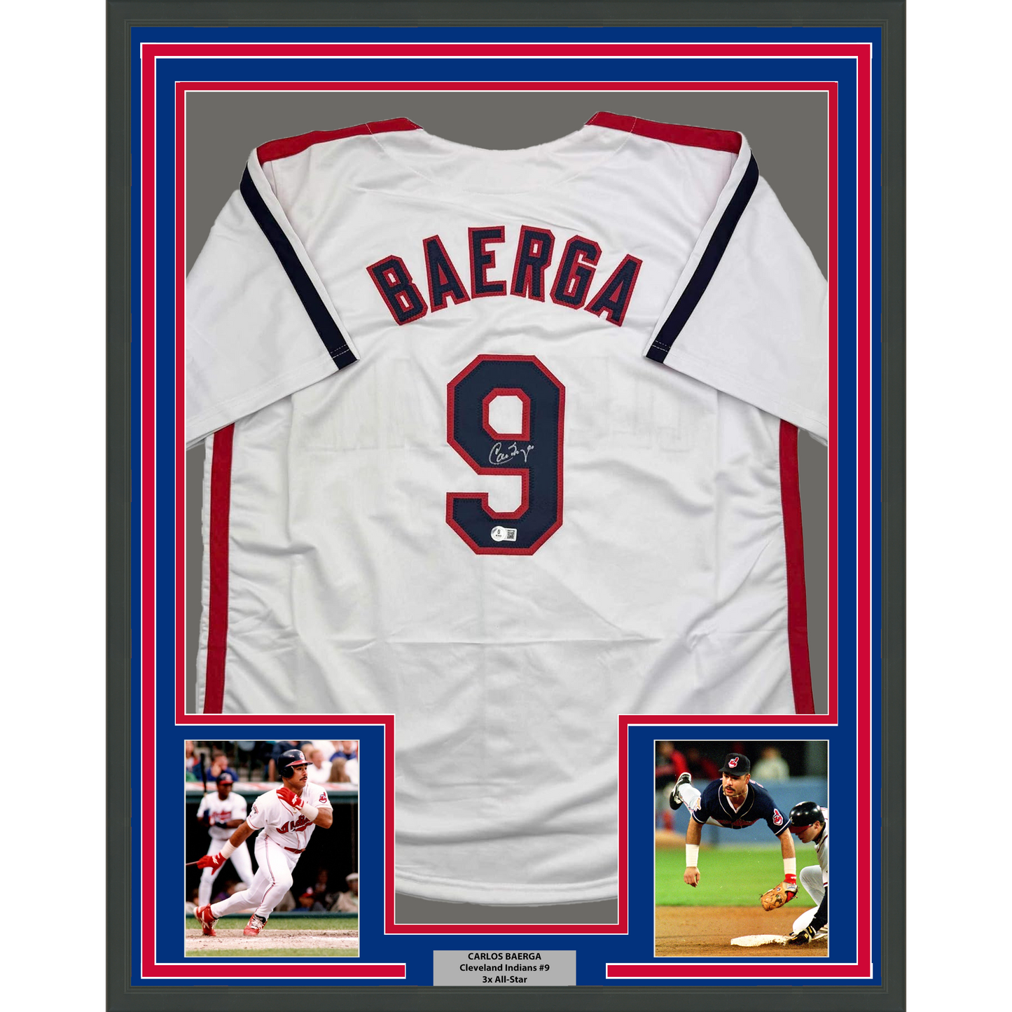 Framed Autographed/Signed Carlos Baerga 35x39 Cleveland White Baseball Jersey Beckett BAS COA